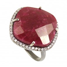 Ruby cushion sterling silver pave setting cz ring